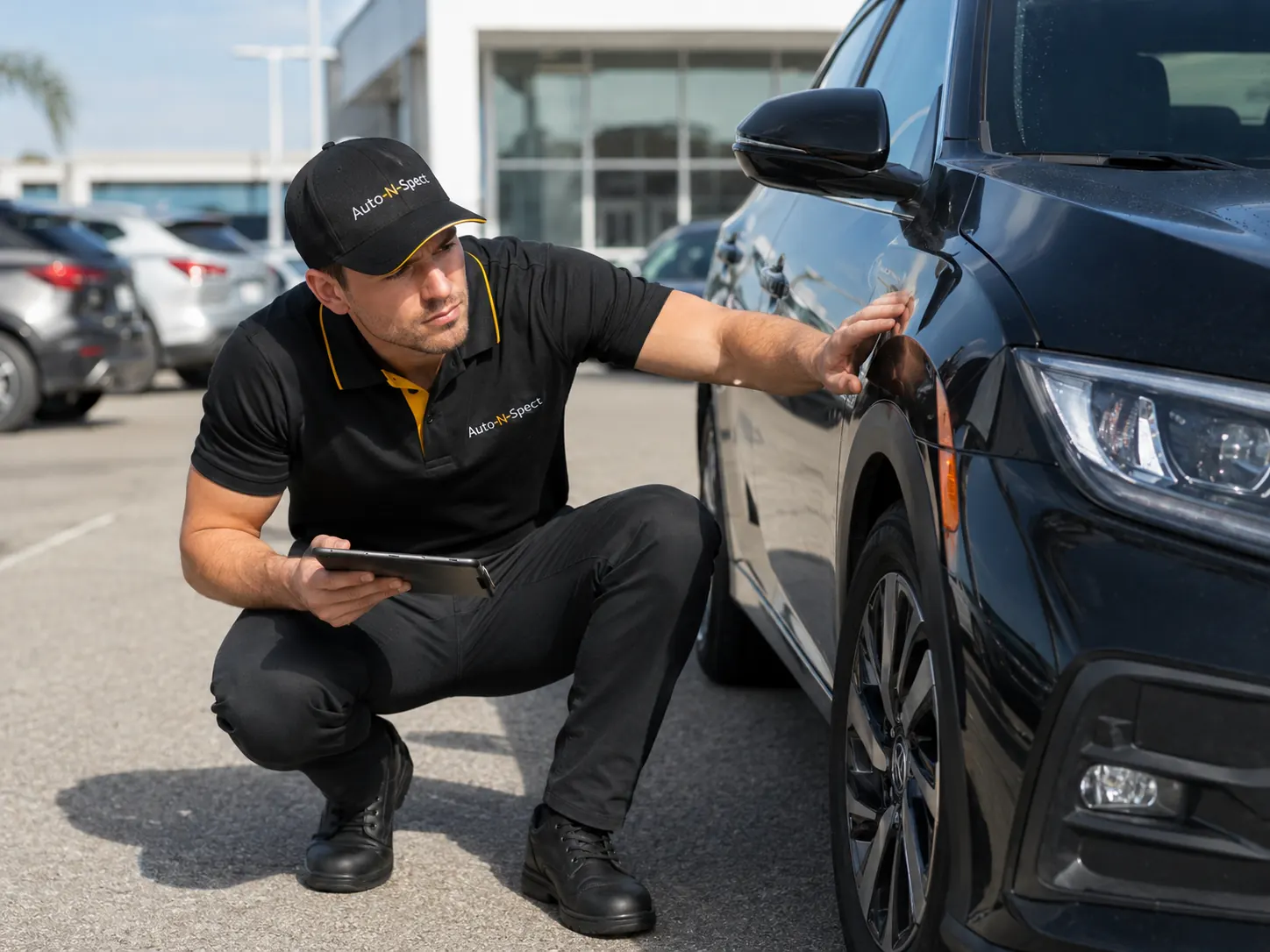 Inspector performing a condition check on a vehicle